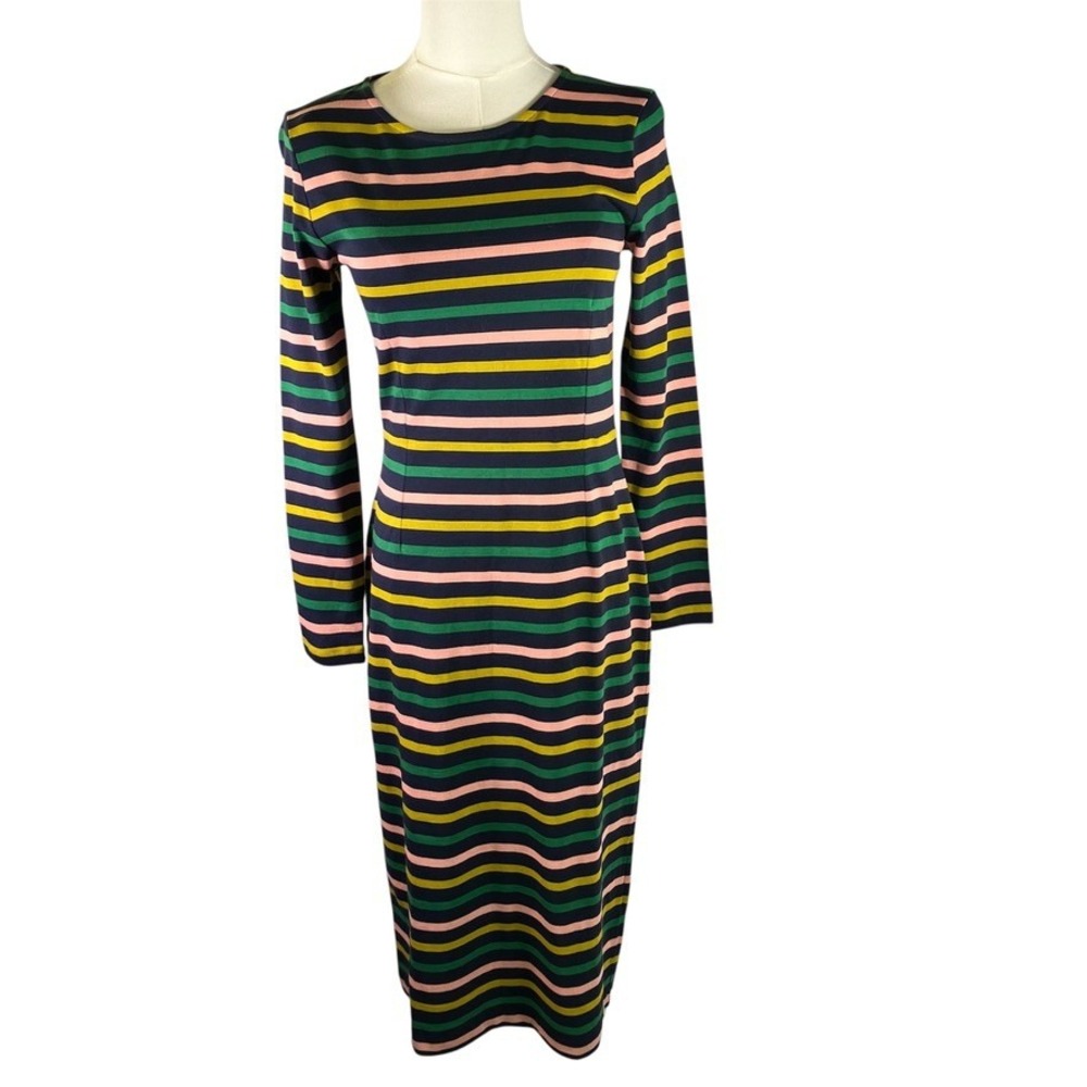 J. Crew Striped Knit‎ Midi Dress Long Sleeve Pink Green Yellow Navy Size 2 New
